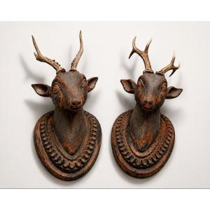 Pair Of Trophies Made Of Carved Wood And Genuine Deer Antlers, Germany, Circa 1870