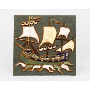 Decorative Plaque Made Of Glazed Chamotte Clay, By Les Argonautes, Vallauris, France, Circa 1970