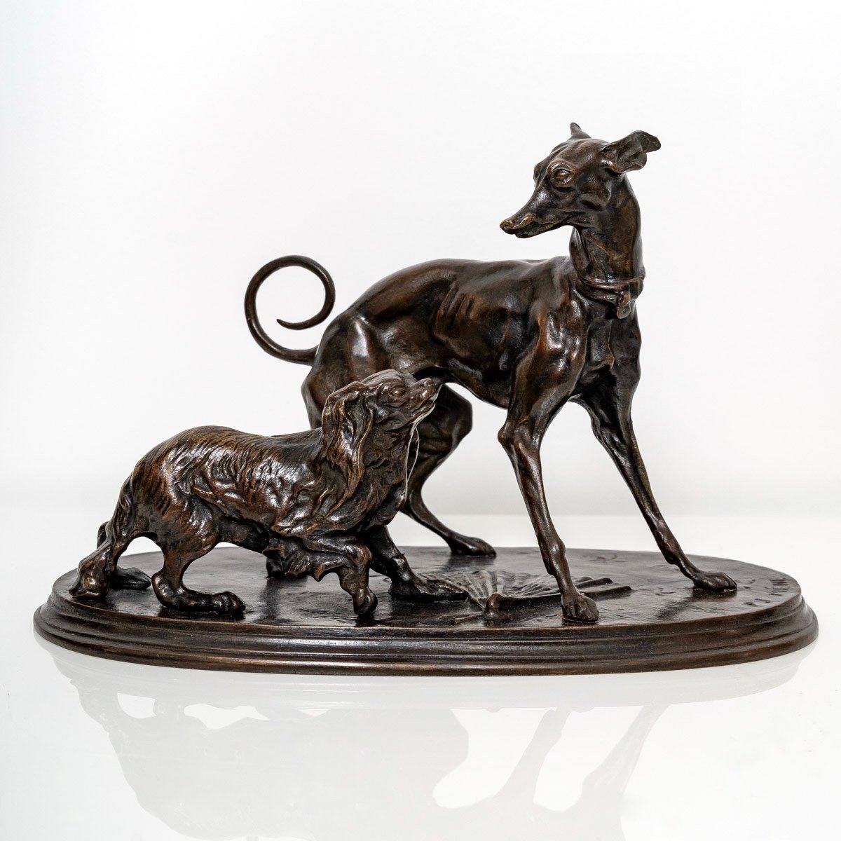 Sculpture - Group In Bronze, Greyhound And King - Charles By Pierre - Jules Mêne (1810-1879) XIXth Century 