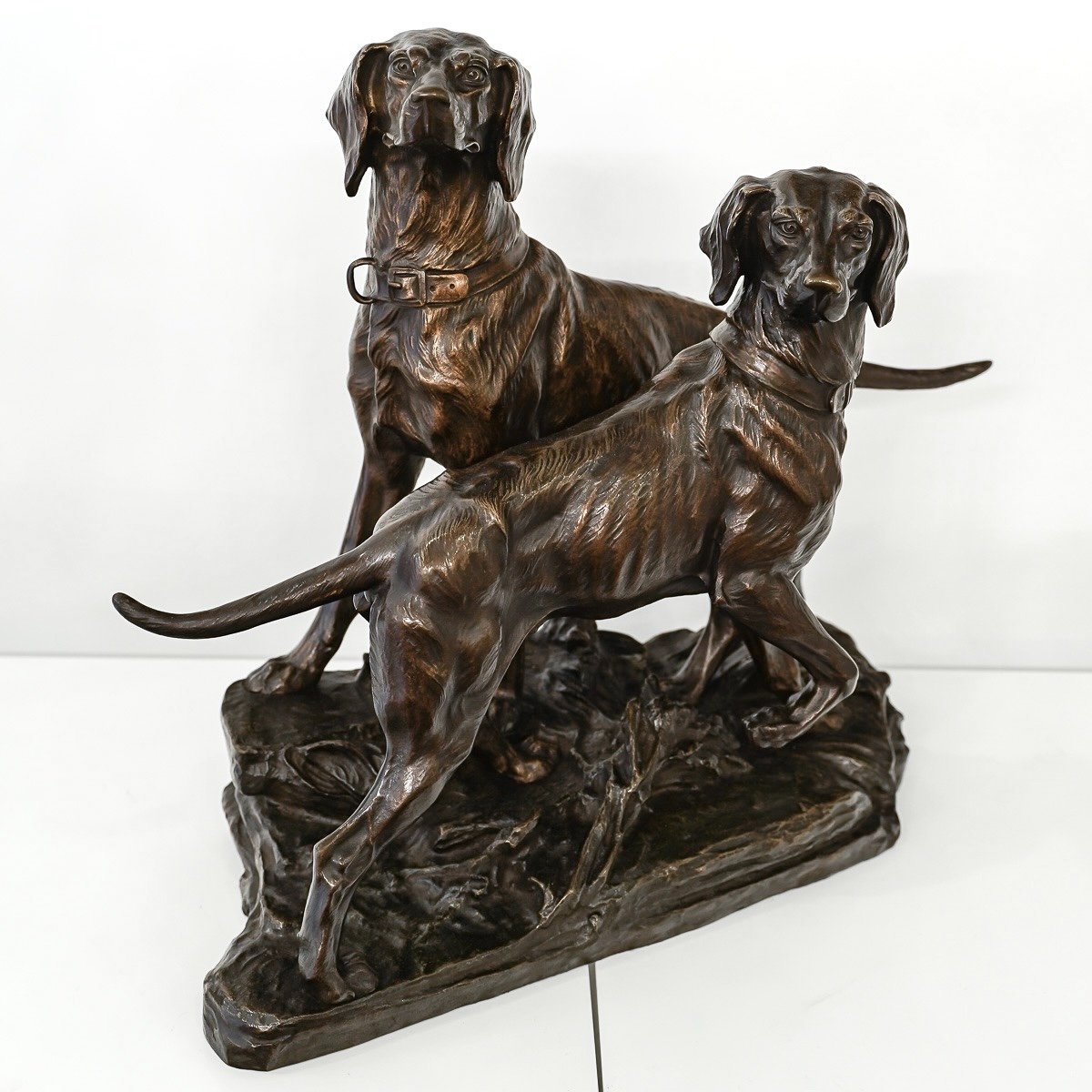 Groupe En Bronze De Deux Chiens De Chasse Par Edouard Drouot (1859-1945)-photo-3