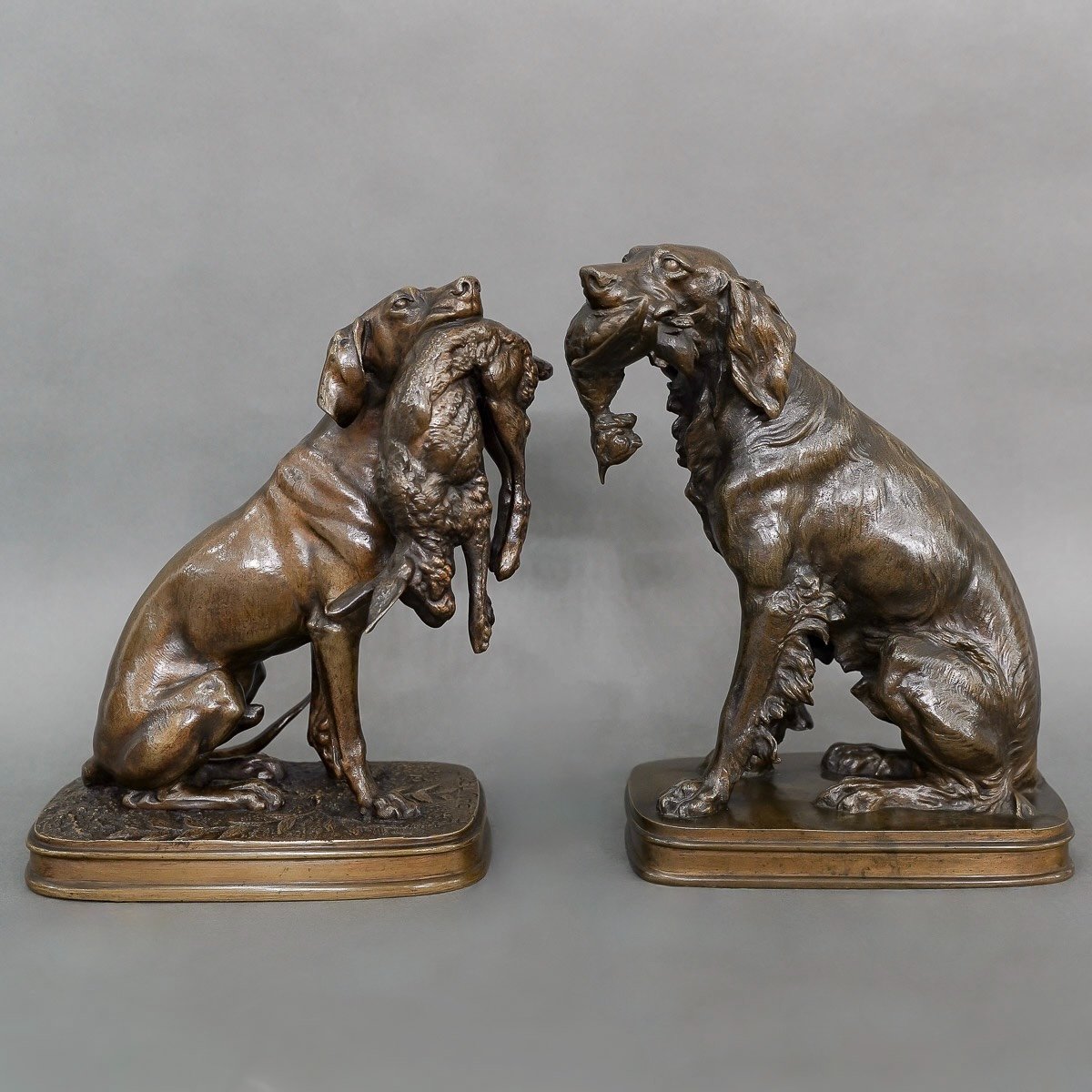 Sculpture - Pair Of Game Hunting Dogs , Ferdinand Pautrot (1832 - 1874) - Bronze-photo-4