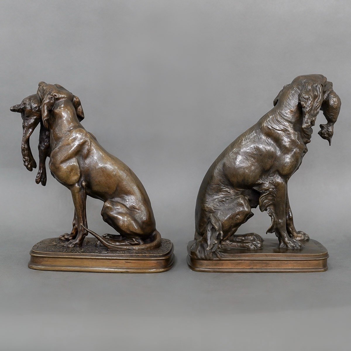 Sculpture - Pair Of Game Hunting Dogs , Ferdinand Pautrot (1832 - 1874) - Bronze-photo-2