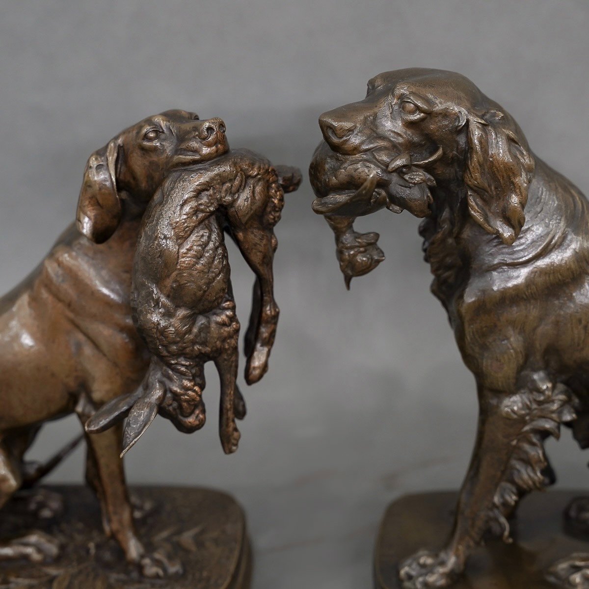 Sculpture - Pair Of Game Hunting Dogs , Ferdinand Pautrot (1832 - 1874) - Bronze-photo-3