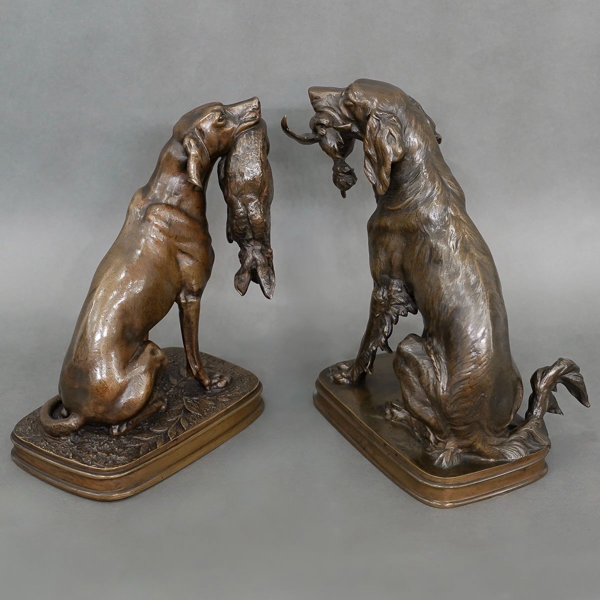 Sculpture - Pair Of Game Hunting Dogs , Ferdinand Pautrot (1832 - 1874) - Bronze-photo-4