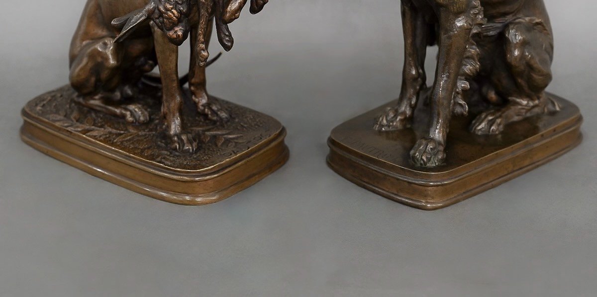 Sculpture - Pair Of Game Hunting Dogs , Ferdinand Pautrot (1832 - 1874) - Bronze-photo-8