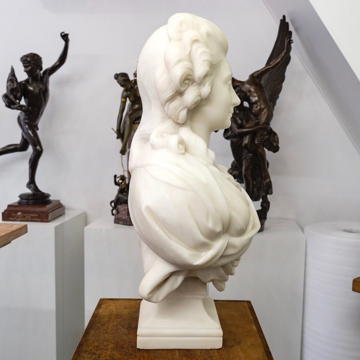 White Carrara Marble Bust " Madame Of Pompadour ", Guglielmo Pugi (1850-1915) -photo-4