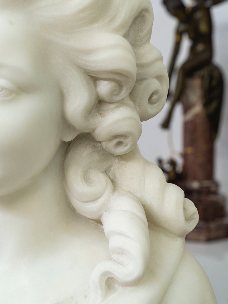 White Carrara Marble Bust " Madame Of Pompadour ", Guglielmo Pugi (1850-1915) -photo-1