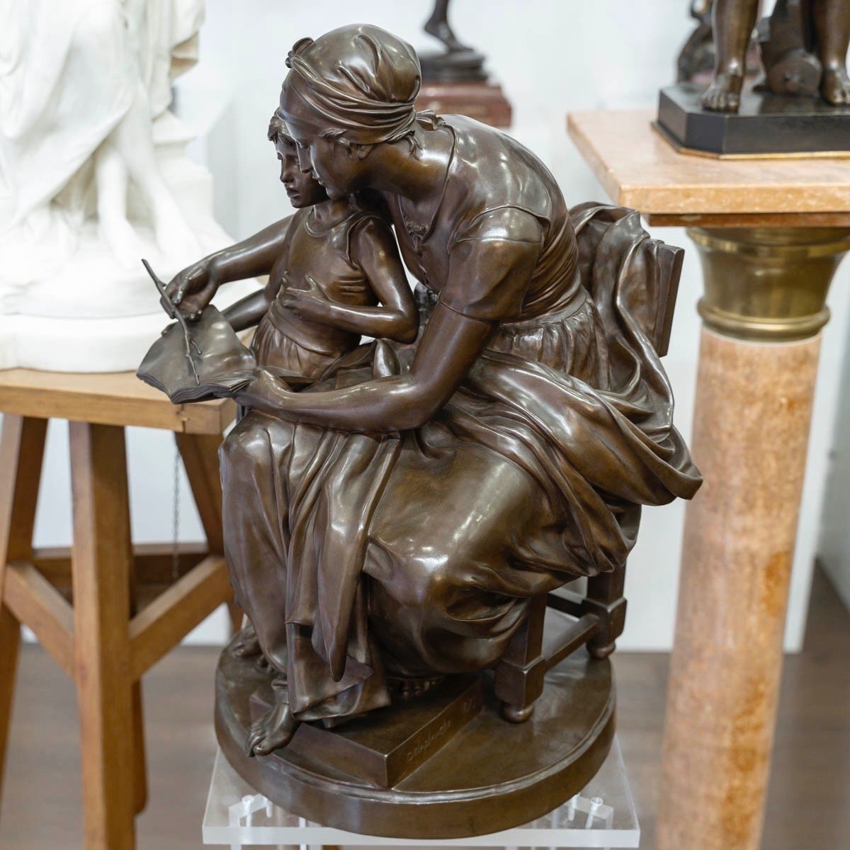 Sculpture - "maternal Education" , Eugene Delaplanche (1836-1891) - Bronze-photo-3