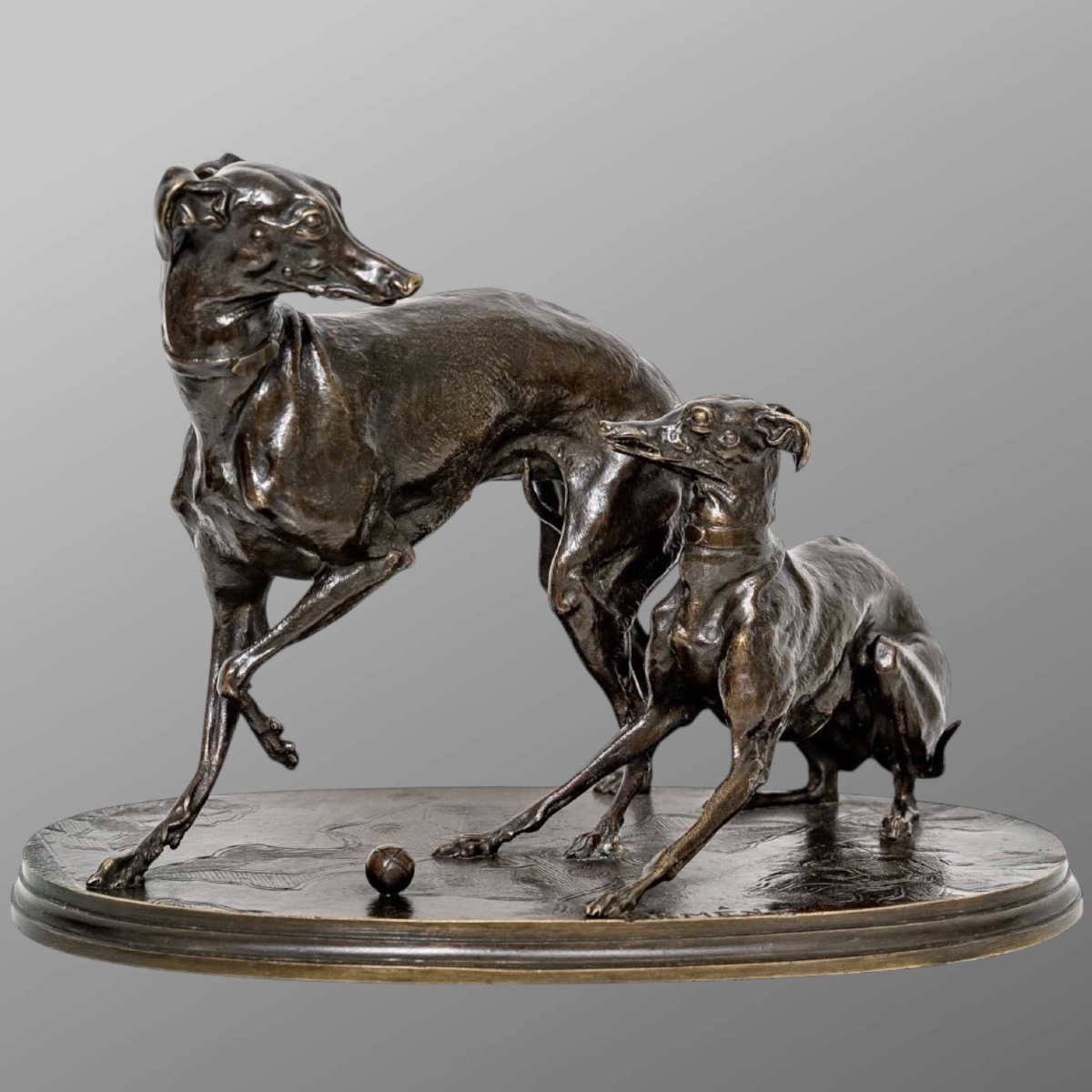 Groupe En Bronze " Deux Levrettes Jouant à La Boule " , Pierre-jules Mêne (1810-1879) 
