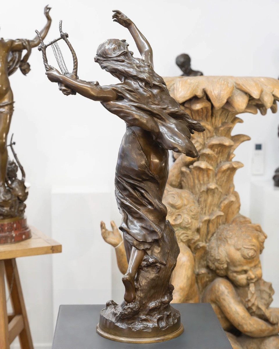 Sculpture - Élégante À La Lyre , Mathurin Moreau (1822-1912) - Bronze-photo-4