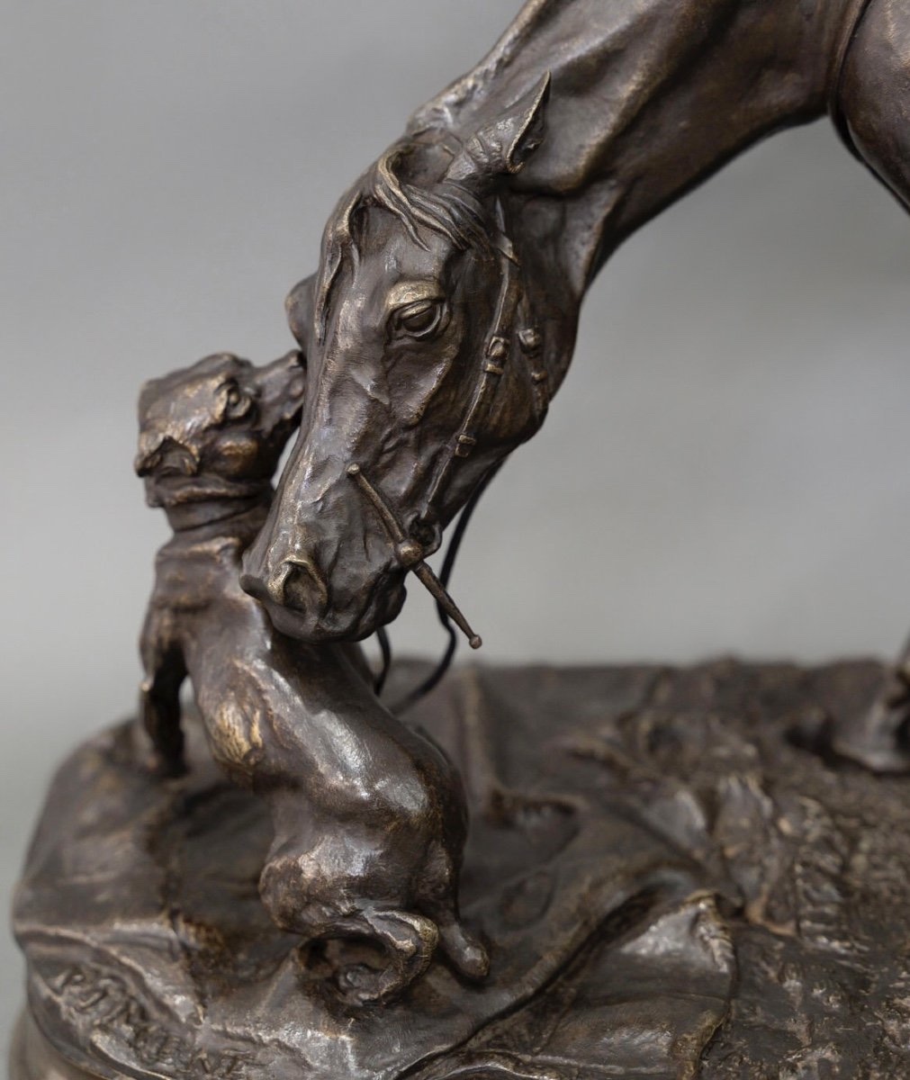 Sculpture - Jument à L’ Écurie Jouant Avec Un Chien , Pierre - Jules Mêne (1810-1879) - Bronze-photo-2