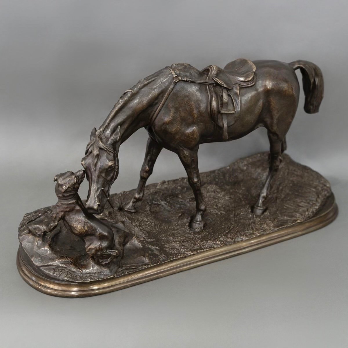 Sculpture - Jument à L’ Écurie Jouant Avec Un Chien , Pierre - Jules Mêne (1810-1879) - Bronze-photo-3