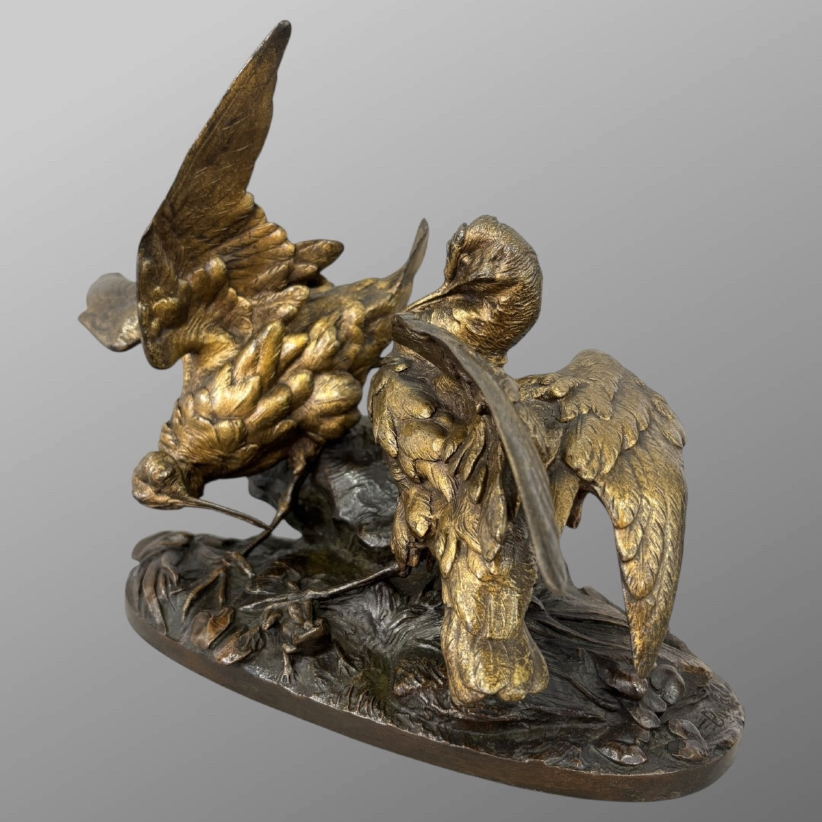 Sculpture - Group Of Woodcocks With A Frog , Leon Bureau (1866-1906) - Bronze-photo-3
