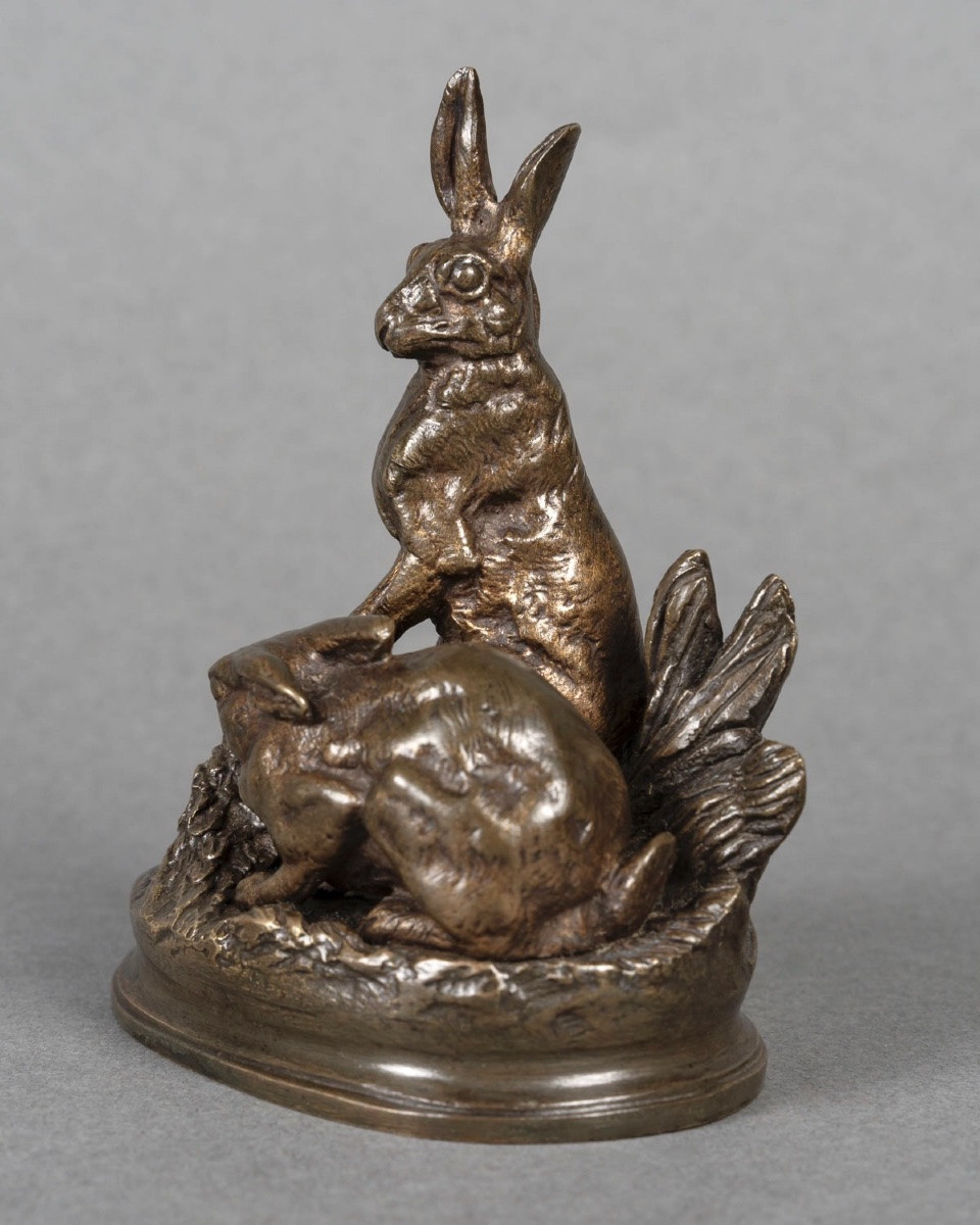 Sculpture - Couple De Lièvres , Alfred Dubucand (1828-1894) - Bronze-photo-2