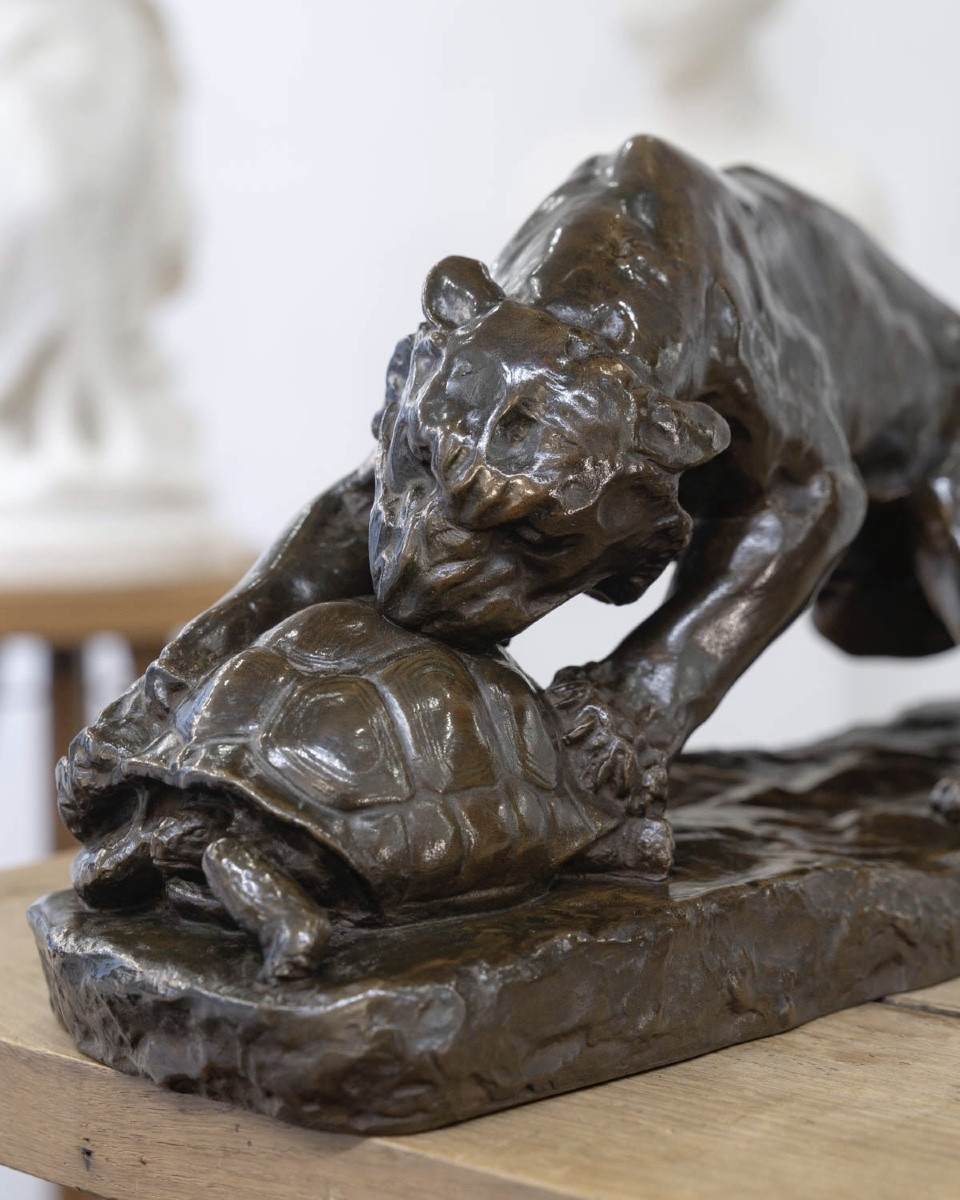 Bronze Group Sculpture , The Tiger And The Tortoise , Georges Gardet (1863-1939) -photo-3