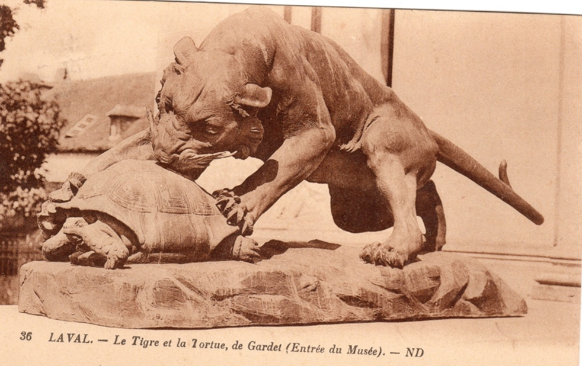 Bronze Group Sculpture , The Tiger And The Tortoise , Georges Gardet (1863-1939) -photo-7
