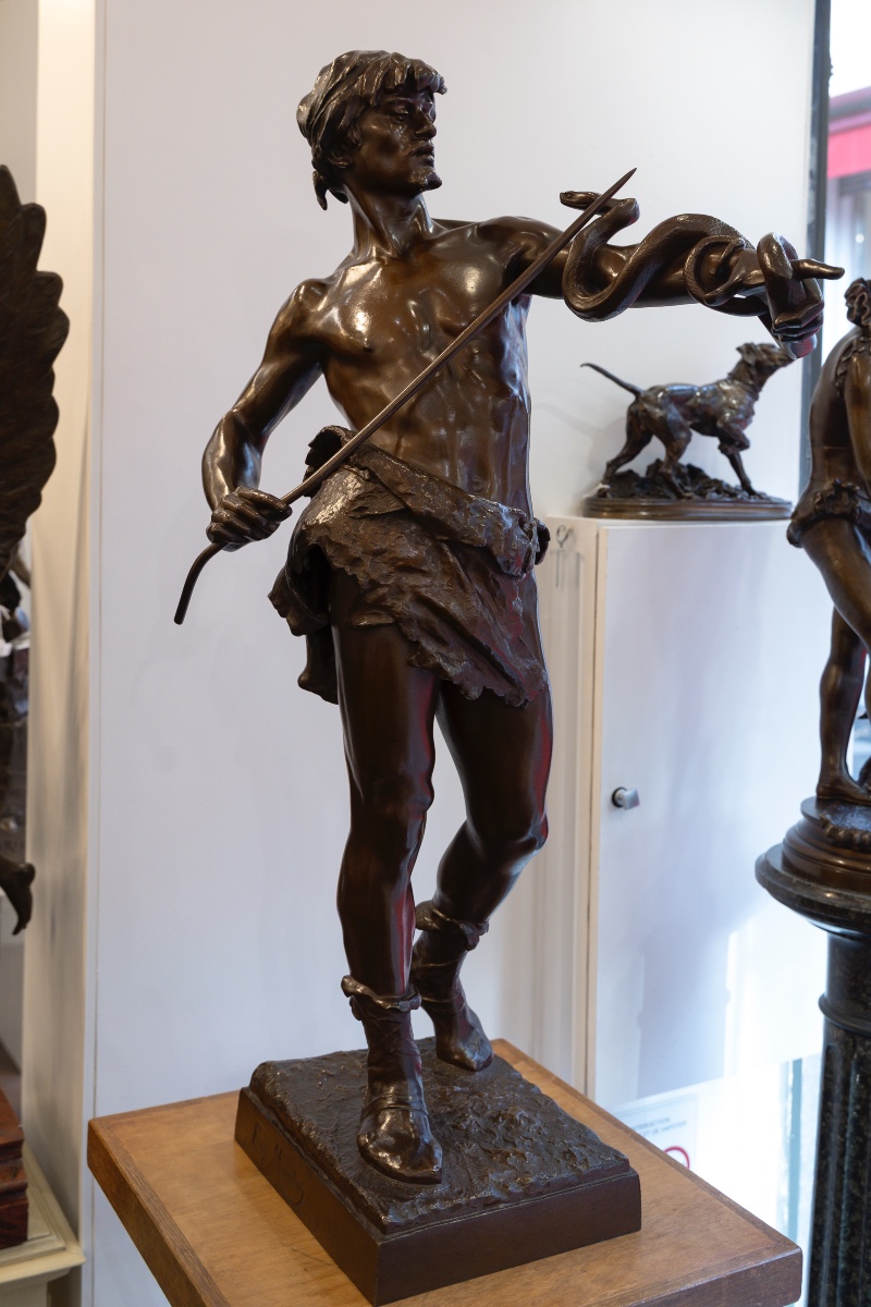 Sculpture - The Snake Charmer , Eugene Marioton (1857-1933) - Bronze -photo-2