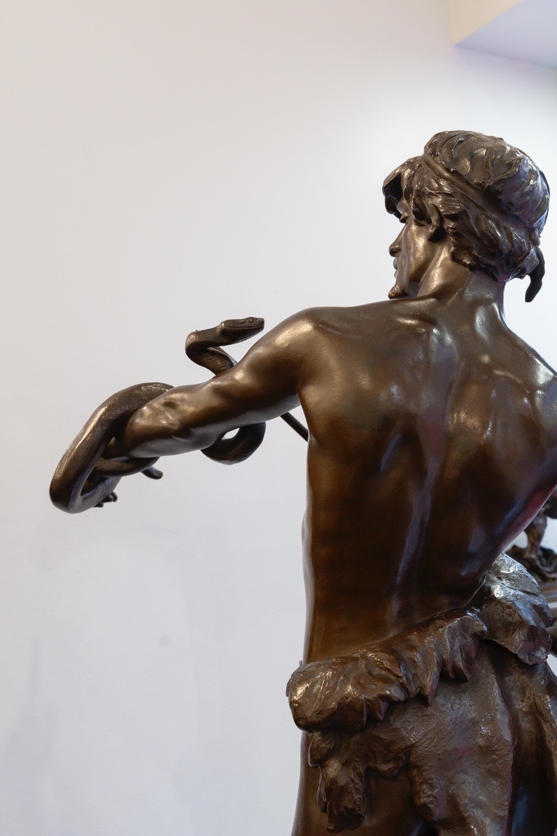 Sculpture - The Snake Charmer , Eugene Marioton (1857-1933) - Bronze -photo-2