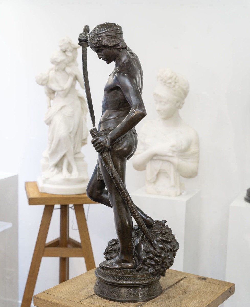 Sculpture - David Vainqueur De Goliath , Marius - Jean - Antonin Mercié (1845-1916) - Bronze -photo-2