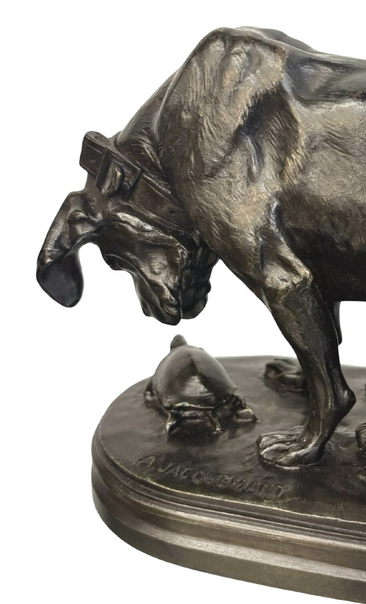 Sculpture - Chien À La Tortue , Henri Alfred Jacquemart (1824-1894) - Bronze -photo-2