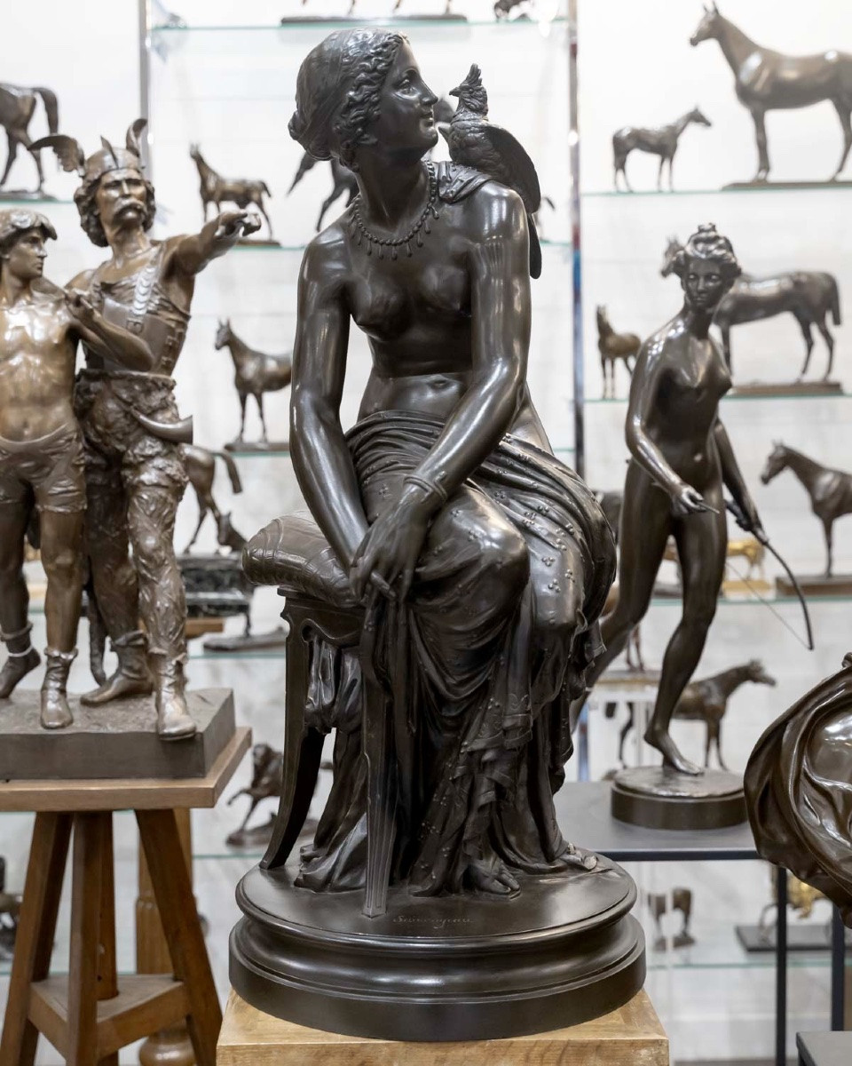 Sculpture - Femme Au Perroquet , Louis Sauvageau (1822-1874) - Bronze -photo-2