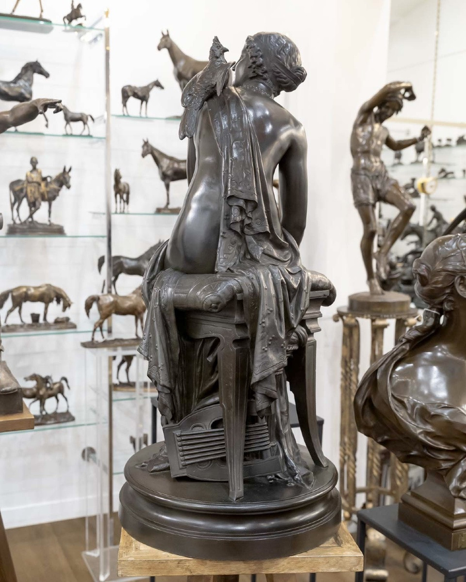 Sculpture - Femme Au Perroquet , Louis Sauvageau (1822-1874) - Bronze -photo-3