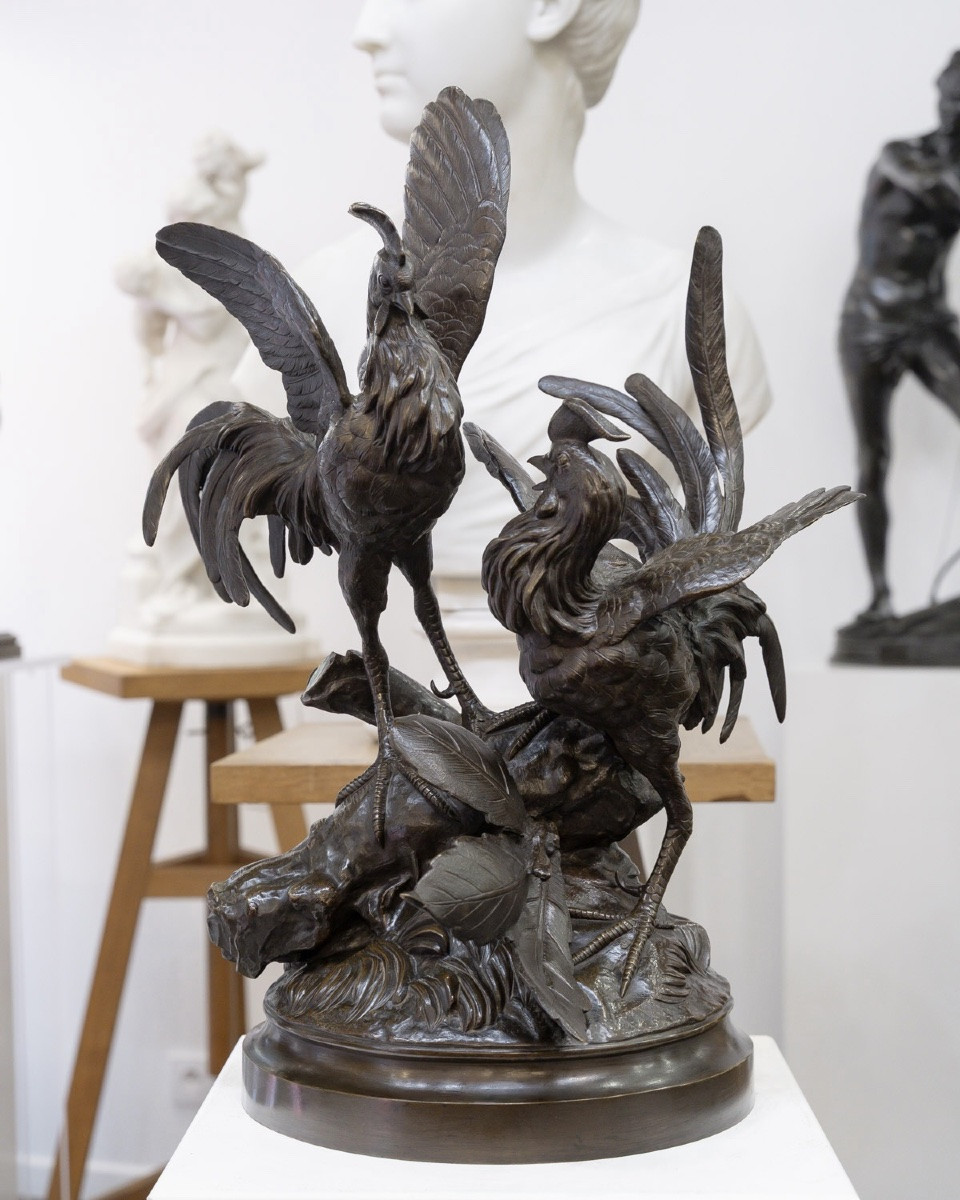 Sculpture - Le Combat de Coqs , Auguste Lechesne (1815-1888) - Bronze -photo-2