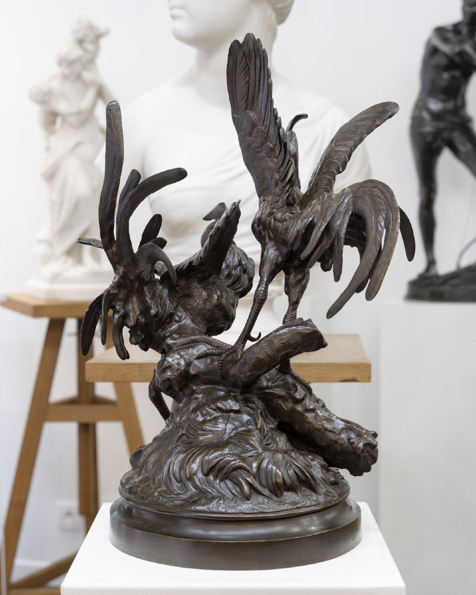 Sculpture - Le Combat de Coqs , Auguste Lechesne (1815-1888) - Bronze -photo-2