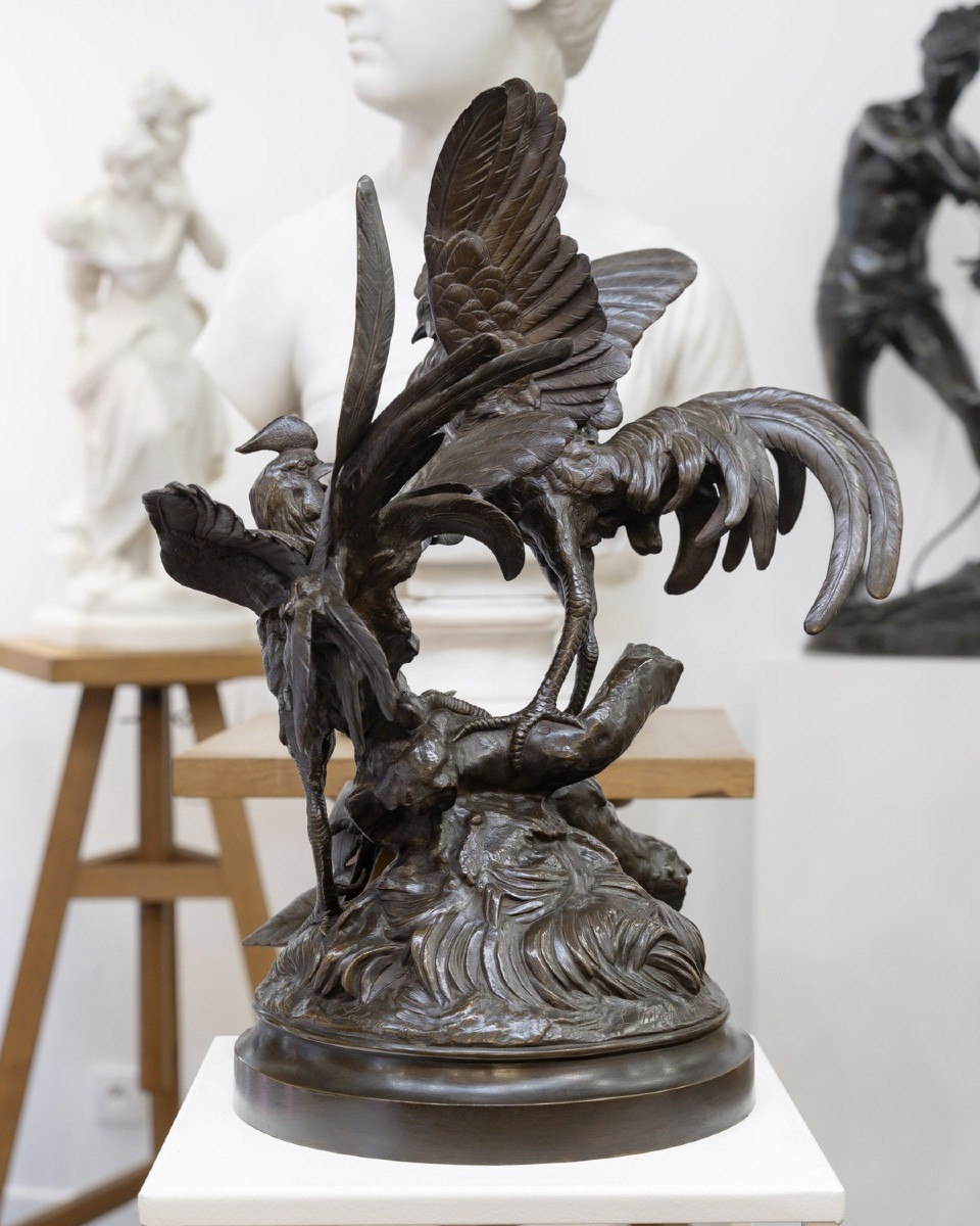 Sculpture - Le Combat de Coqs , Auguste Lechesne (1815-1888) - Bronze -photo-3
