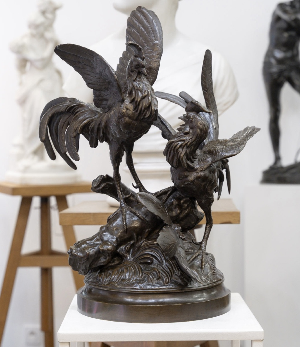 Sculpture - Le Combat de Coqs , Auguste Lechesne (1815-1888) - Bronze 