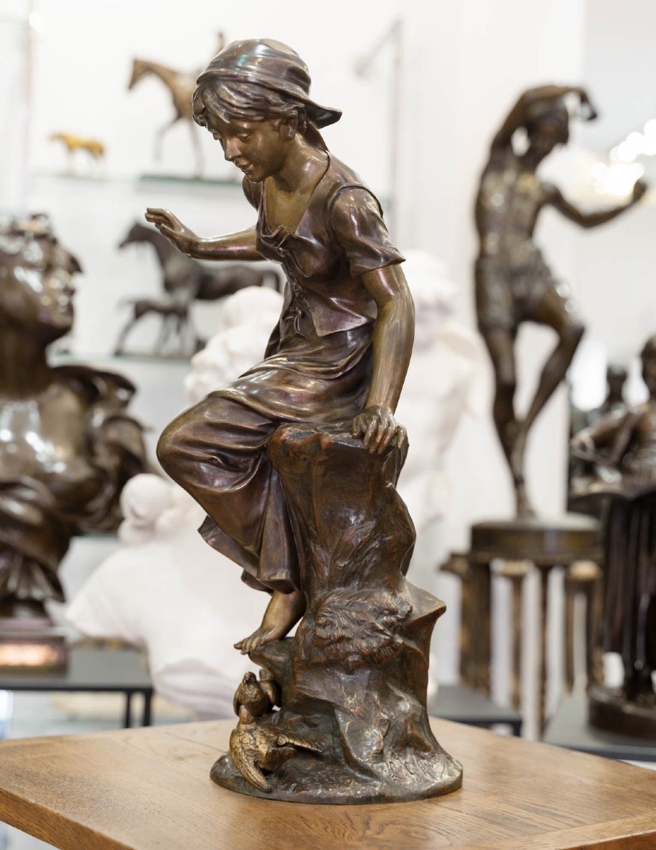 Sculpture - Young Girl With Swallows , Jean - Louis Gregoire (1840–1890) - Bronze-photo-2
