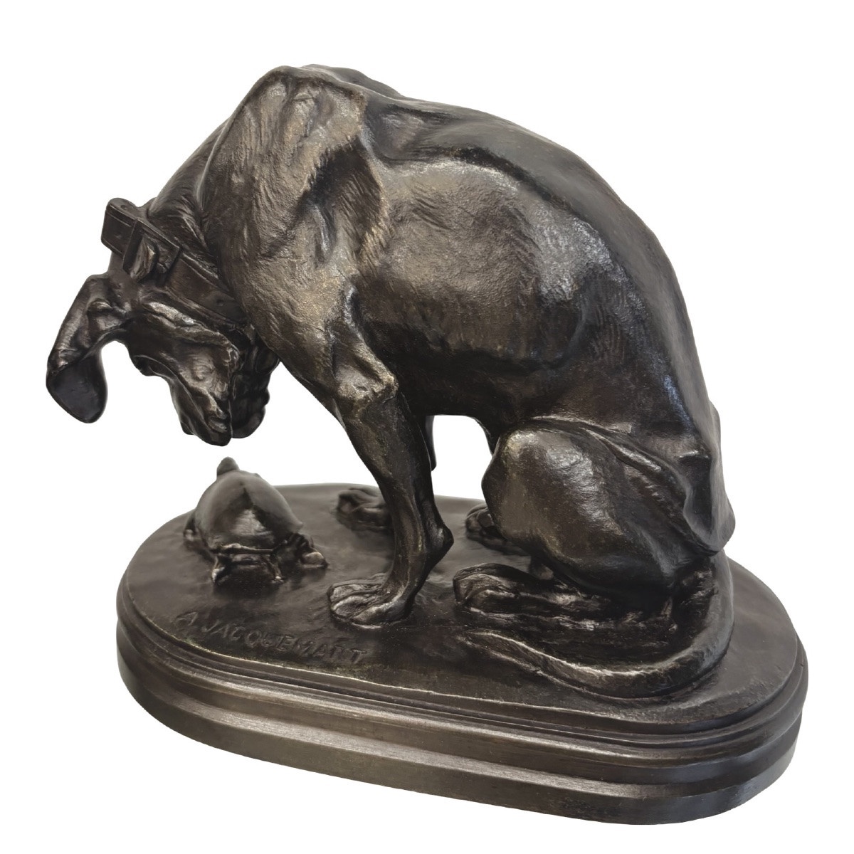 SCULPTURE - CHIEN À LA TORTUE , HENRI ALFRED JACQUEMART (1824-1894) - BRONZE-photo-2