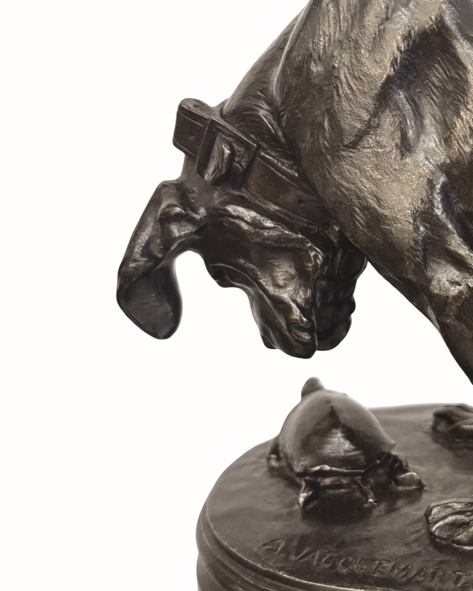 SCULPTURE - CHIEN À LA TORTUE , HENRI ALFRED JACQUEMART (1824-1894) - BRONZE-photo-3