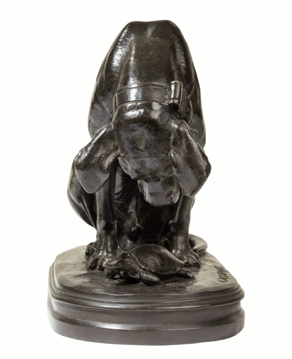 SCULPTURE - CHIEN À LA TORTUE , HENRI ALFRED JACQUEMART (1824-1894) - BRONZE-photo-1