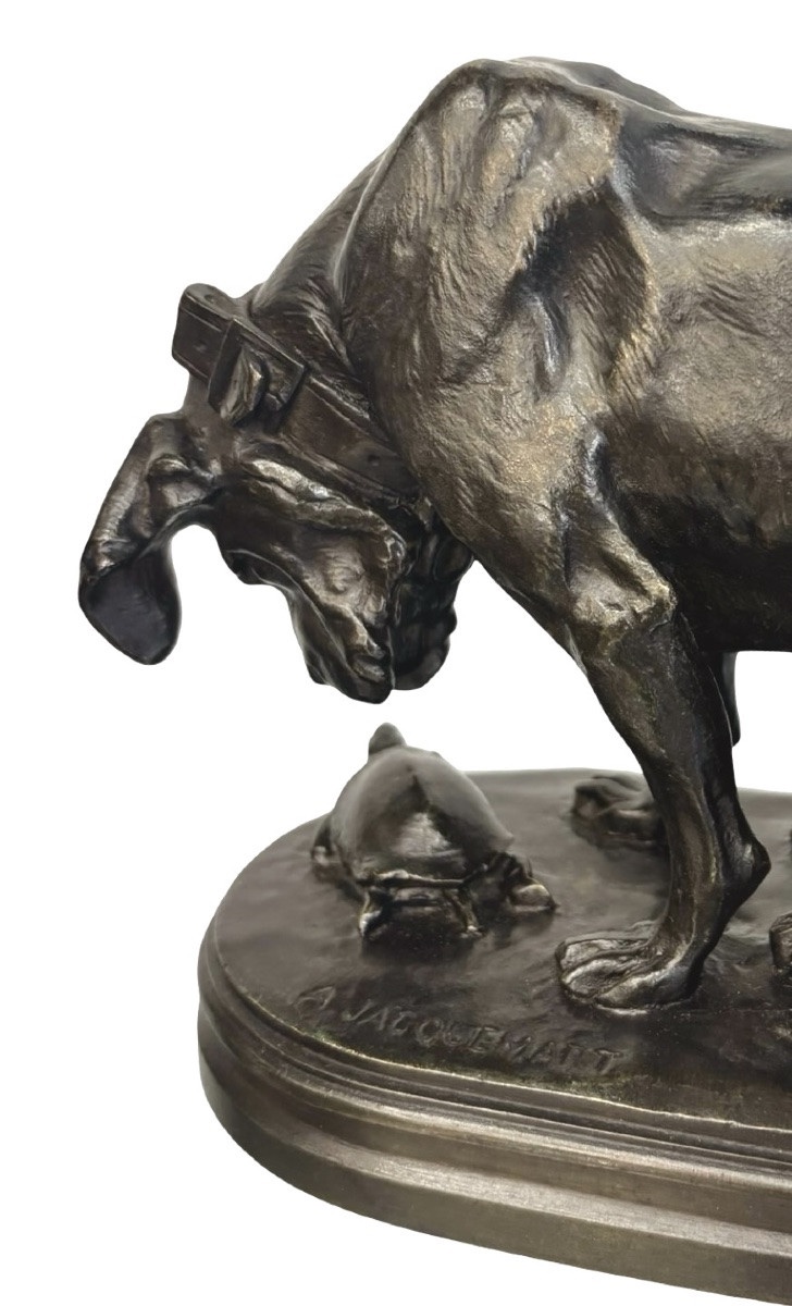 SCULPTURE - CHIEN À LA TORTUE , HENRI ALFRED JACQUEMART (1824-1894) - BRONZE-photo-2