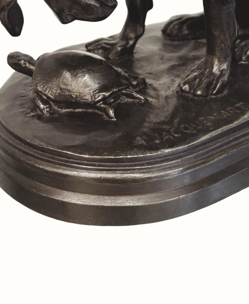 SCULPTURE - CHIEN À LA TORTUE , HENRI ALFRED JACQUEMART (1824-1894) - BRONZE-photo-3