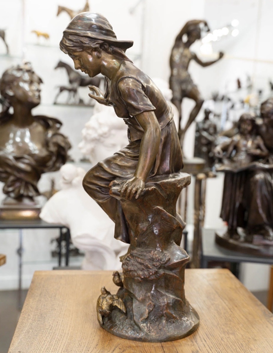 SCULPTURE - JEUNE FILLE AUX HIRONDELLES , JEAN - LOUIS GRÉGOIRE (1840-1890) - BRONZE-photo-3
