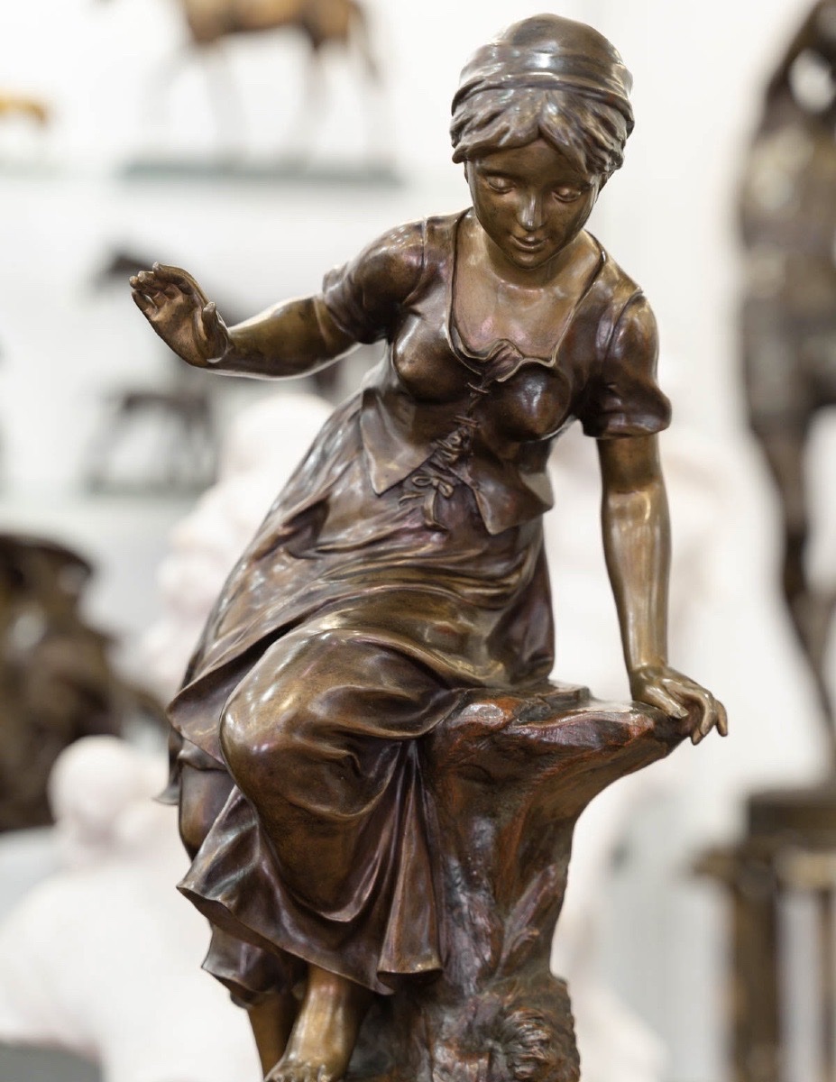 SCULPTURE - JEUNE FILLE AUX HIRONDELLES , JEAN - LOUIS GRÉGOIRE (1840-1890) - BRONZE-photo-4