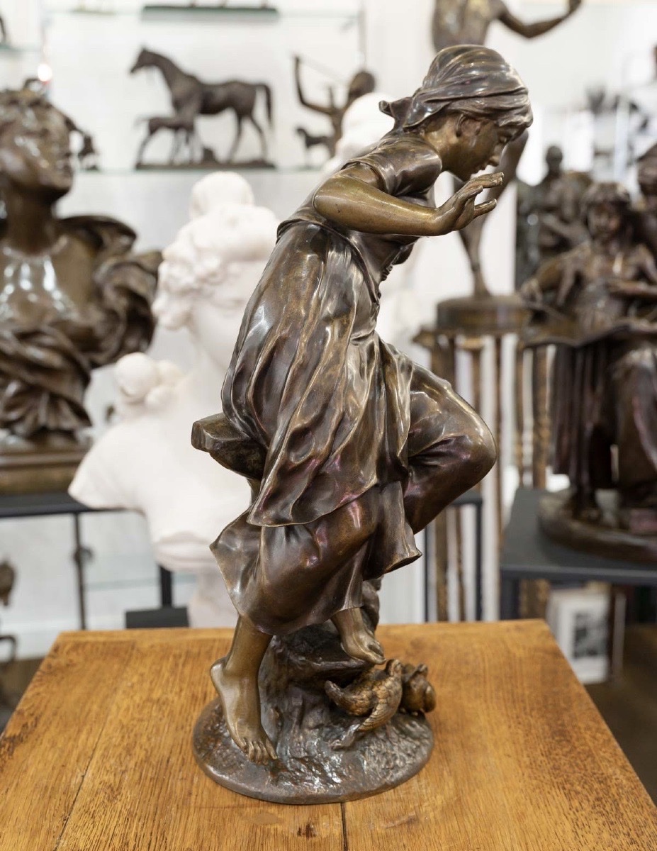 SCULPTURE - JEUNE FILLE AUX HIRONDELLES , JEAN - LOUIS GRÉGOIRE (1840-1890) - BRONZE-photo-2
