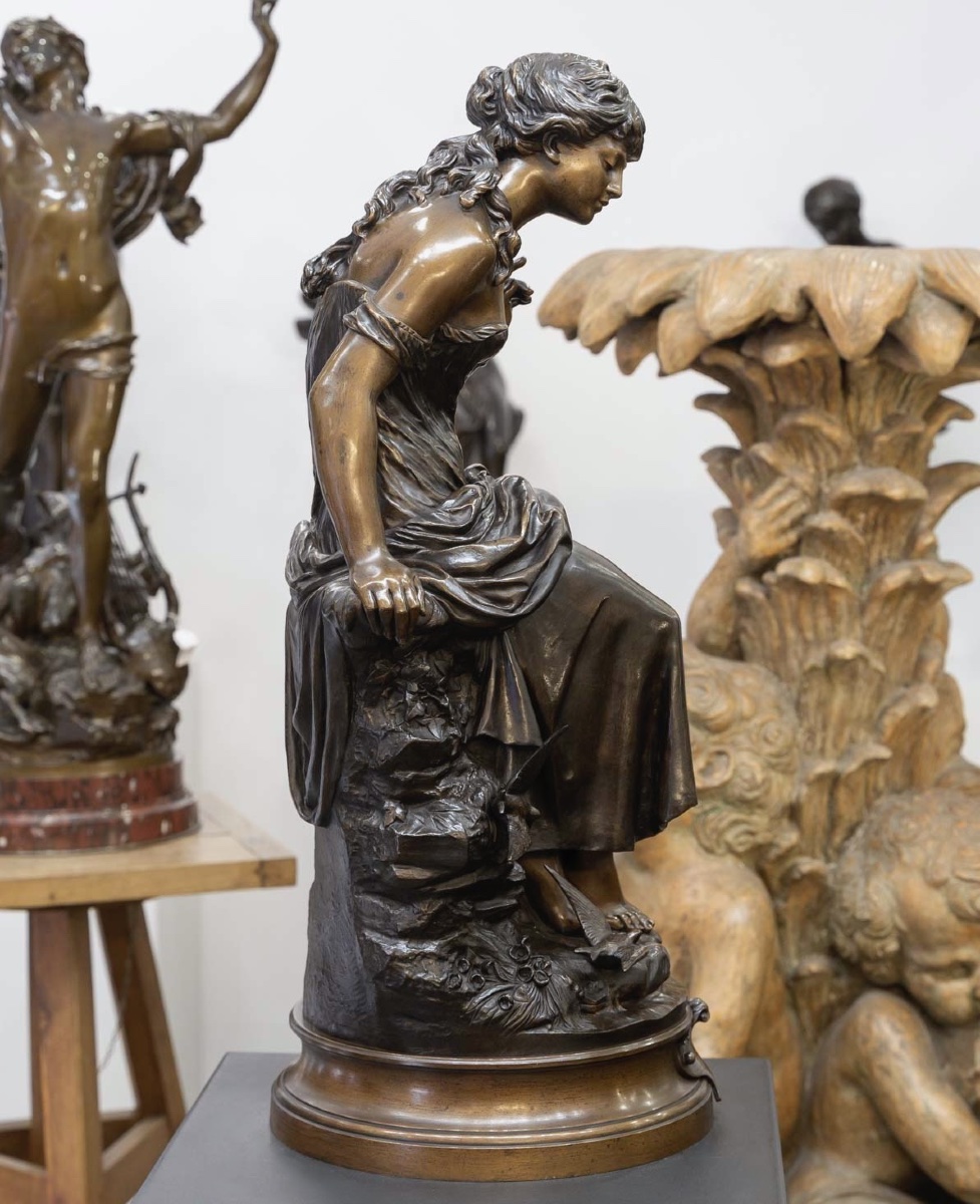 SCULPTURE - LE RETOUR DES HIRONDELLES , AUGUSTE MOREAU (1834-1917) - BRONZE-photo-1