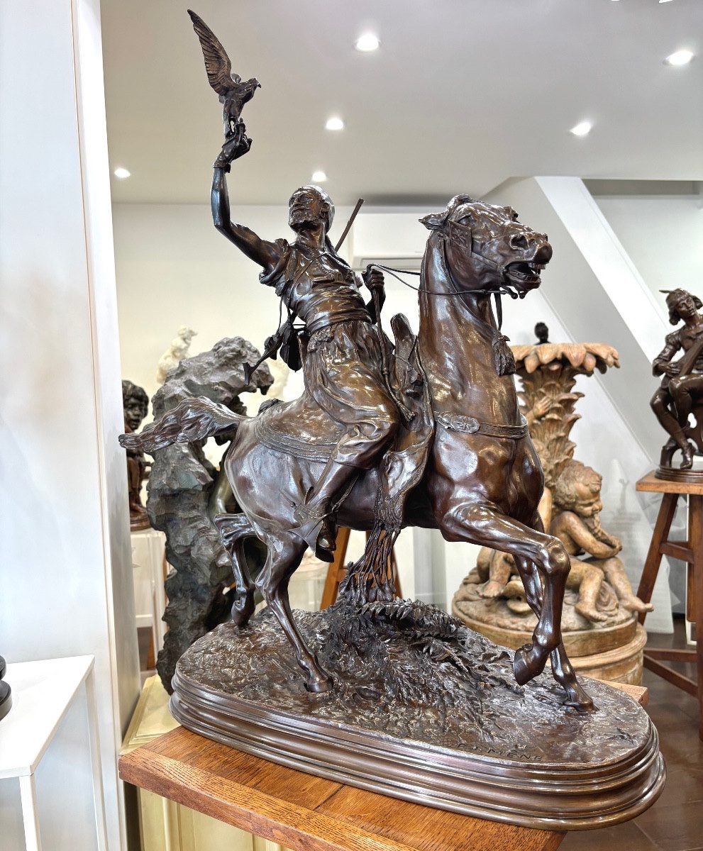 SCULPTURE - FAUCONNIER ARABE À CHEVAL , PIERRE-JULES MÊNE (1810-1879) - BRONZE-photo-2