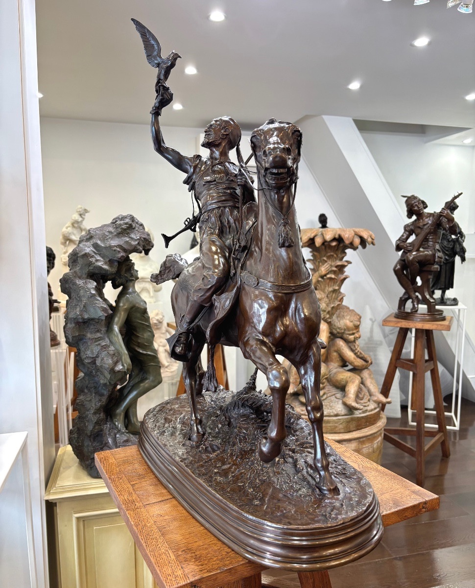 SCULPTURE - FAUCONNIER ARABE À CHEVAL , PIERRE-JULES MÊNE (1810-1879) - BRONZE-photo-3