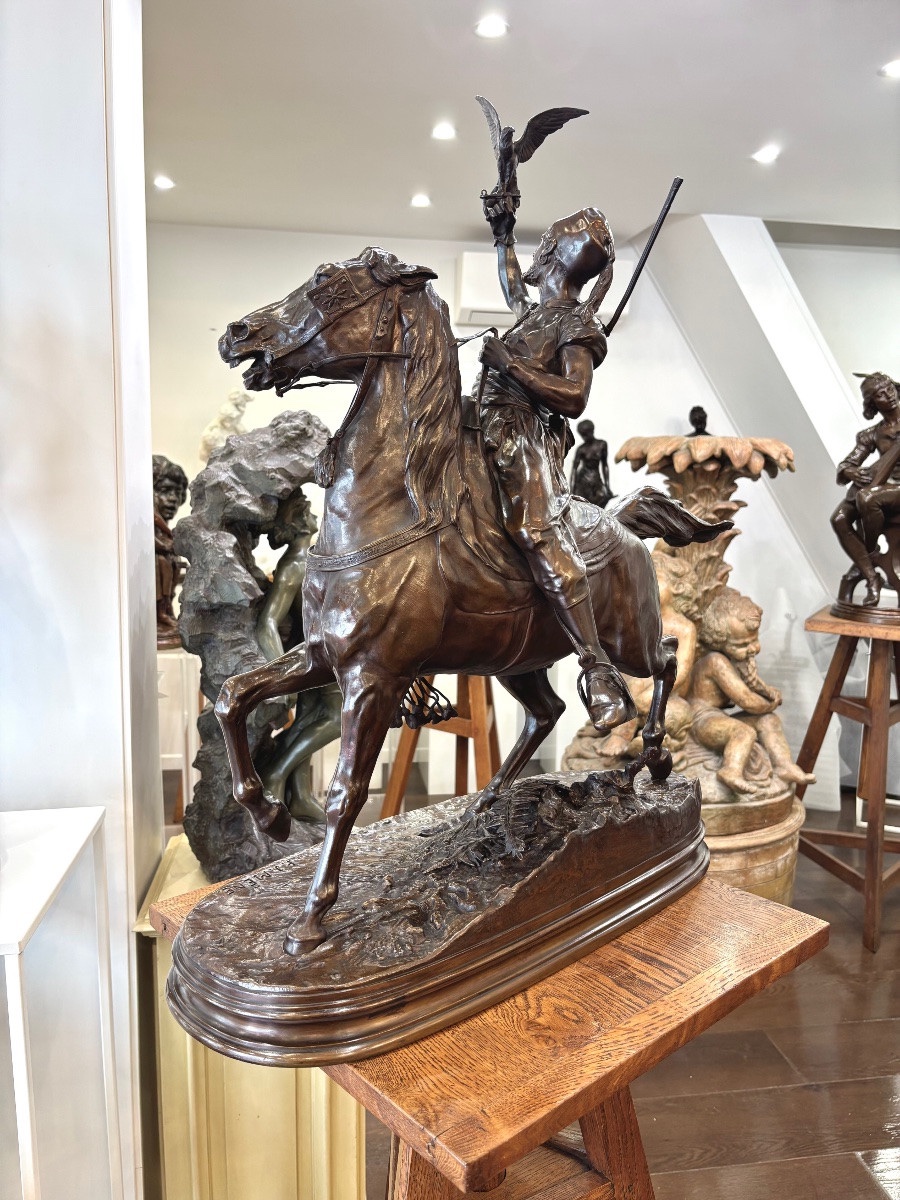 SCULPTURE - FAUCONNIER ARABE À CHEVAL , PIERRE-JULES MÊNE (1810-1879) - BRONZE-photo-1