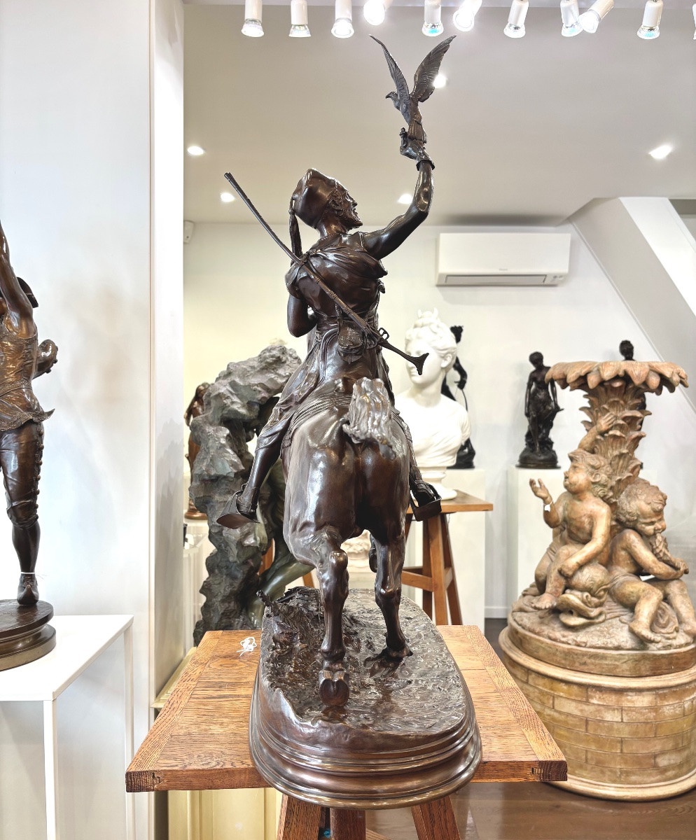 SCULPTURE - FAUCONNIER ARABE À CHEVAL , PIERRE-JULES MÊNE (1810-1879) - BRONZE-photo-4