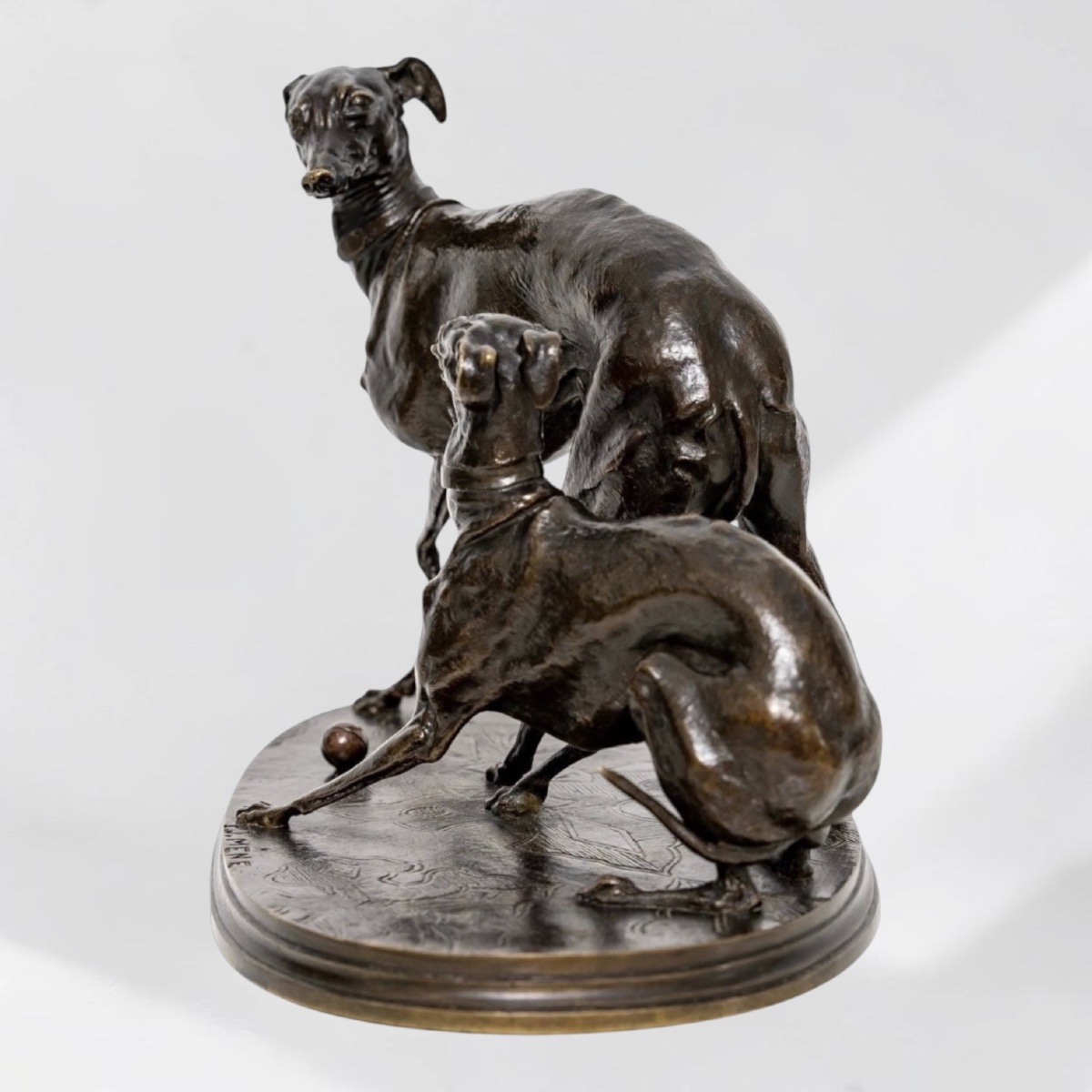 Bronze Group " Two Greyhounds Playing Boules " , Pierre - Jules Mene (1810-1879)-photo-2