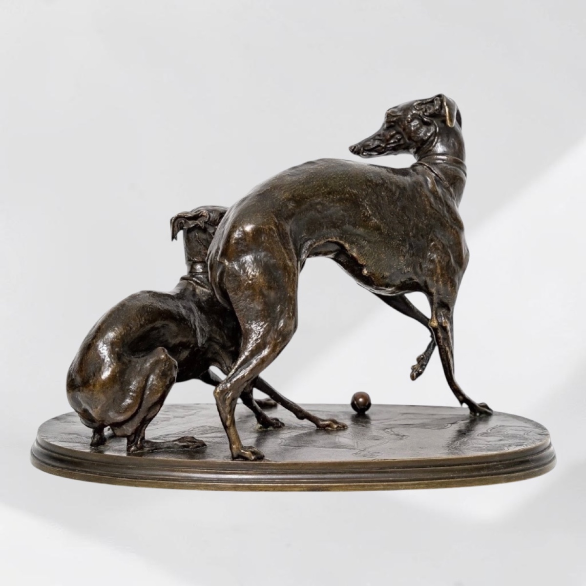 Bronze Group " Two Greyhounds Playing Boules " , Pierre - Jules Mene (1810-1879)-photo-4