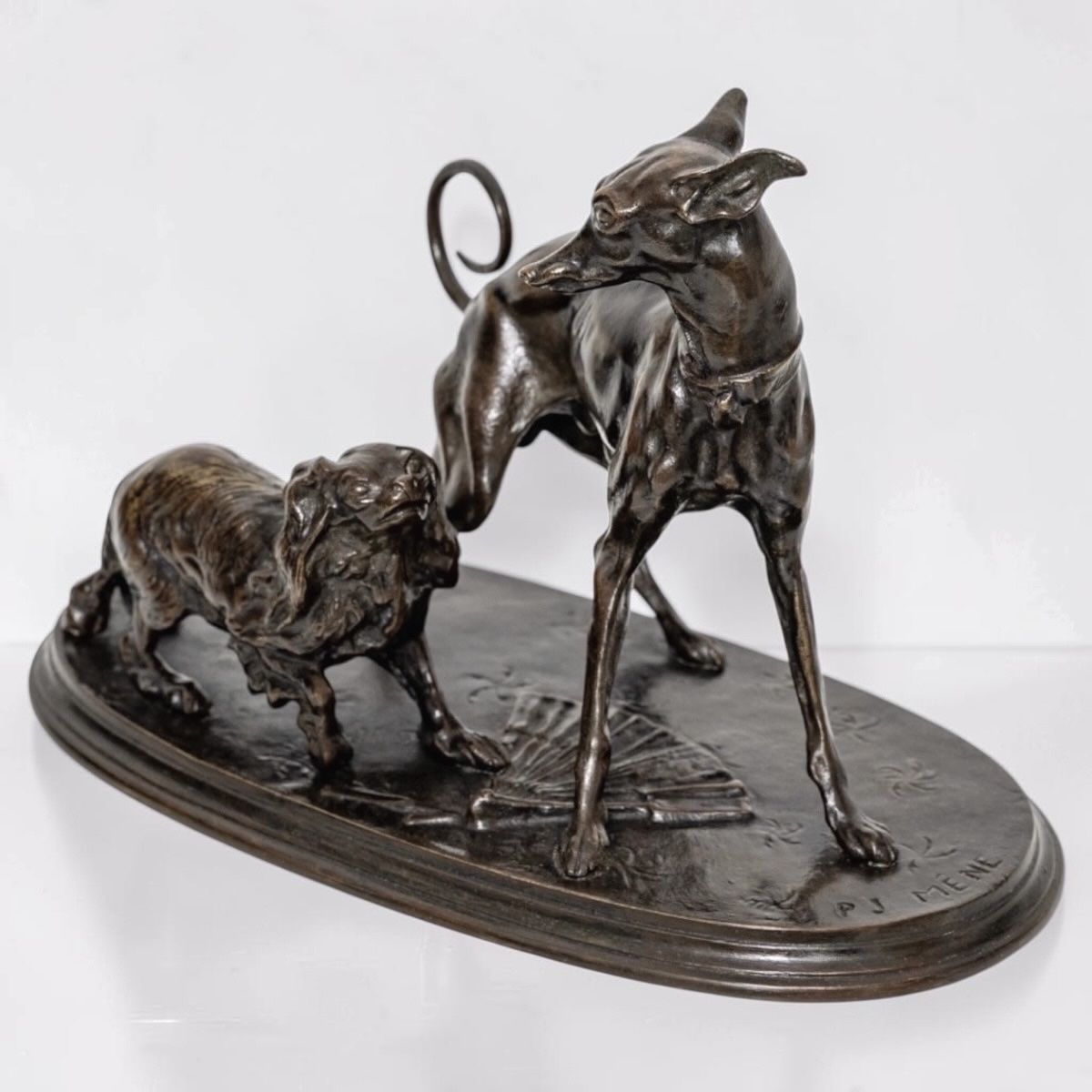 SCULPTURE - GROUPE "LÉVRIER ET KING - CHARLES" , PIERRE - JULES MÊNE (1810-1879) - BRONZE-photo-4