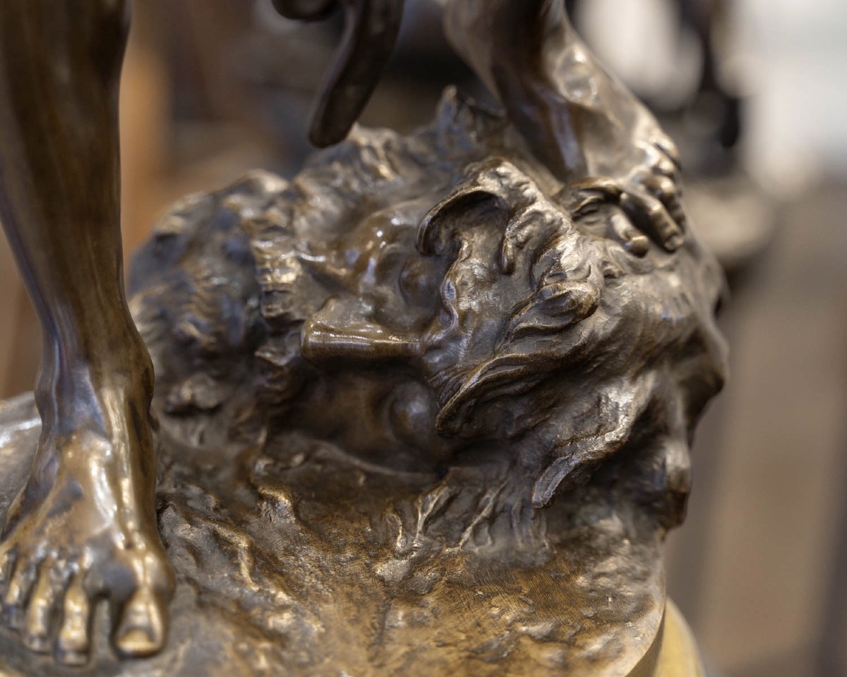 Sculpture - David Terrassant Goliath , Louis GOSSIN (1846-1928) - Bronze-photo-5