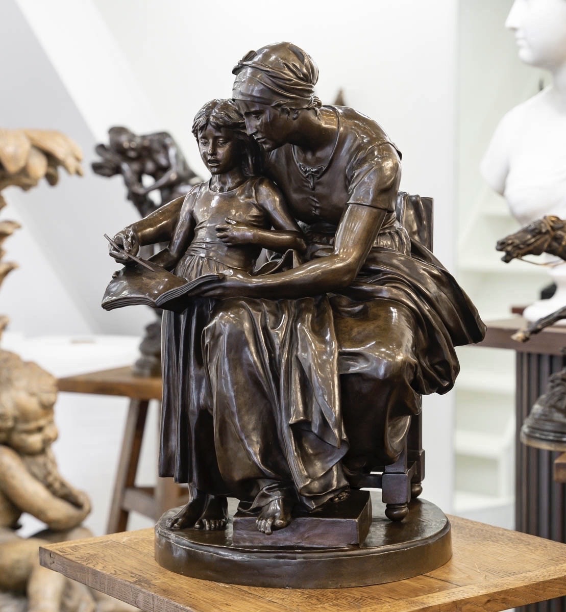 SCULPTURE - L' ÉDUCATION MATERNELLE , EUGÈNE DELAPLANCHE (1836-1891) - BRONZE -photo-2