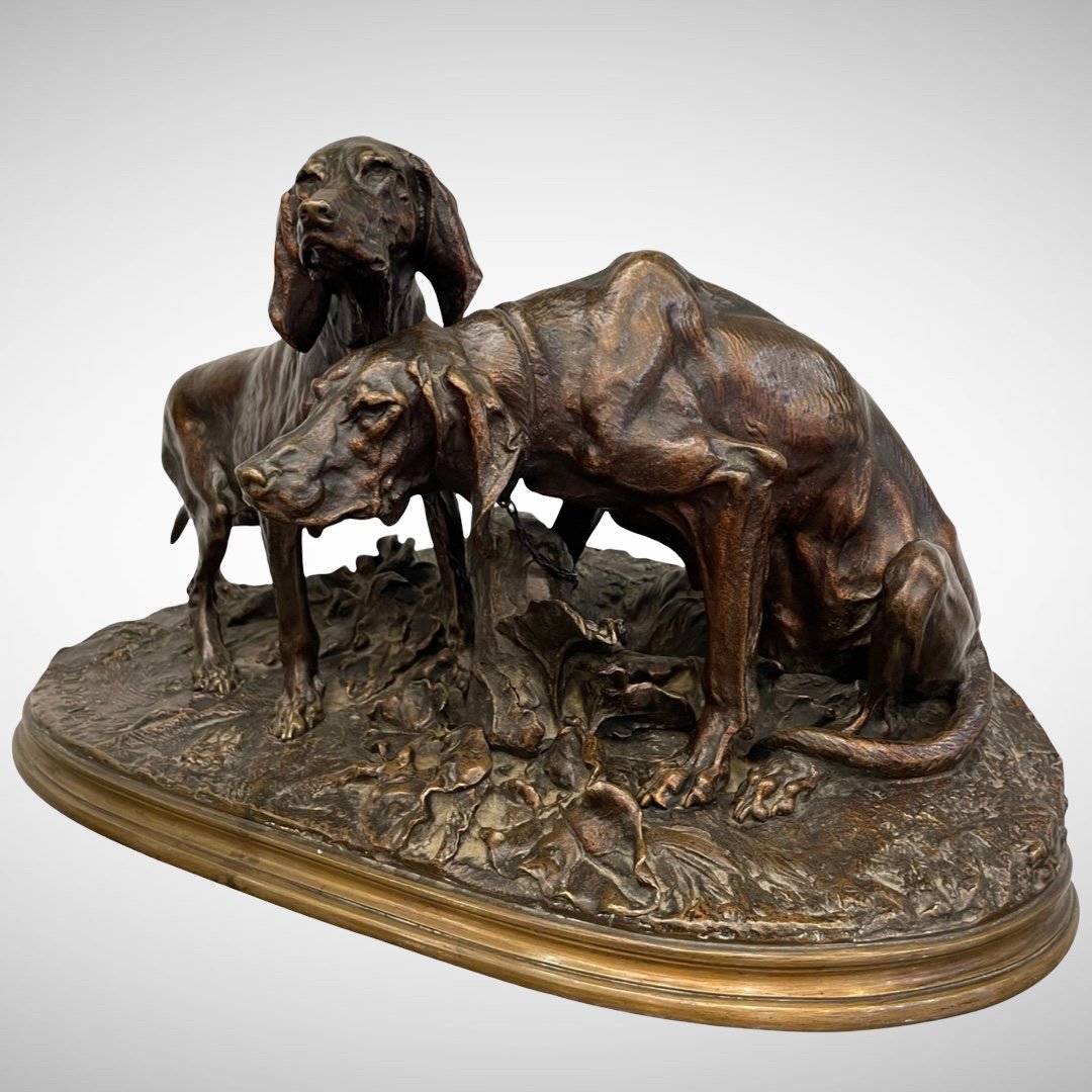 Groupe Chiens Au Repos ( Race Saintongeoise ) Par Pierre - Jules Mène (1810-1879) - Bronze-photo-2